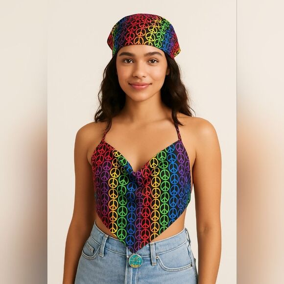 Rainbow Peace Sign Triangle Scarf Bandana Top Festival Pride Love Boho Y2K - Picture 1 of 5